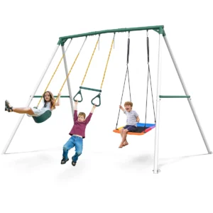 9.5′ Heavy Duty Metal Swing Set with Belt Swing, Trapeze Bar