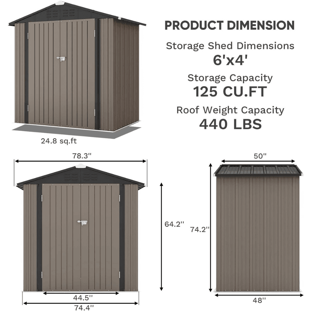Patiowell 6 ft. W x 4 ft. D Outdoor Storage Brown Metal Shed with Sloping Roof and Double Lockable Door (24.8 sq. ft.) - Image 3
