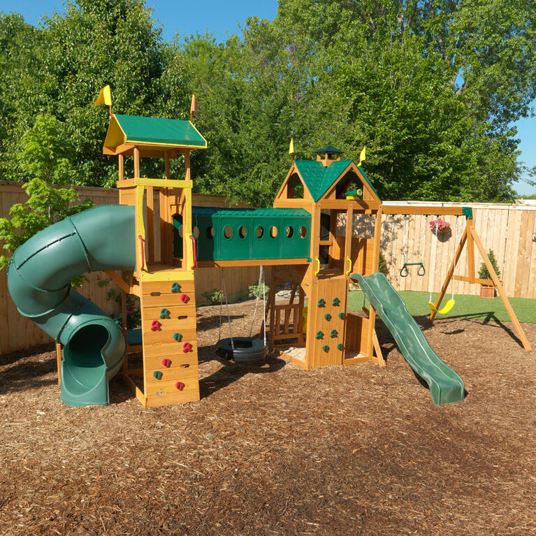 KidKraft Mockingbird View Wooden Swing Set / Playset with Tower, Hoop, Tunnel, and Tire Swing - Image 3