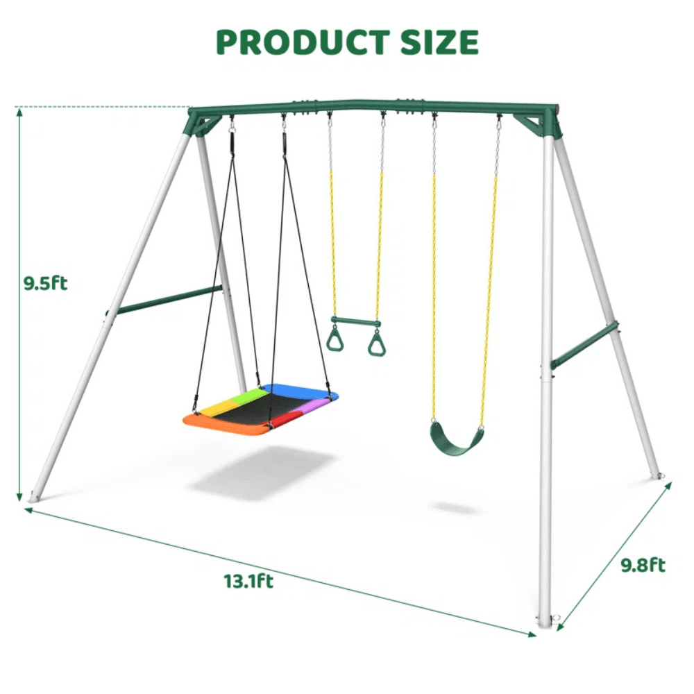 9.5′ Heavy Duty Metal Swing Set with Belt Swing, Trapeze Bar - Image 2
