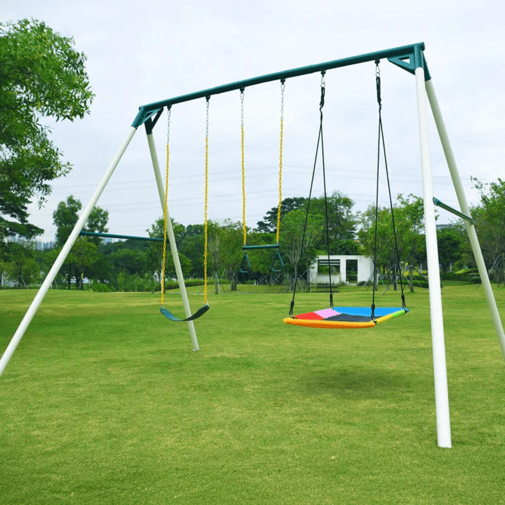 9.5′ Heavy Duty Metal Swing Set with Belt Swing, Trapeze Bar - Image 4